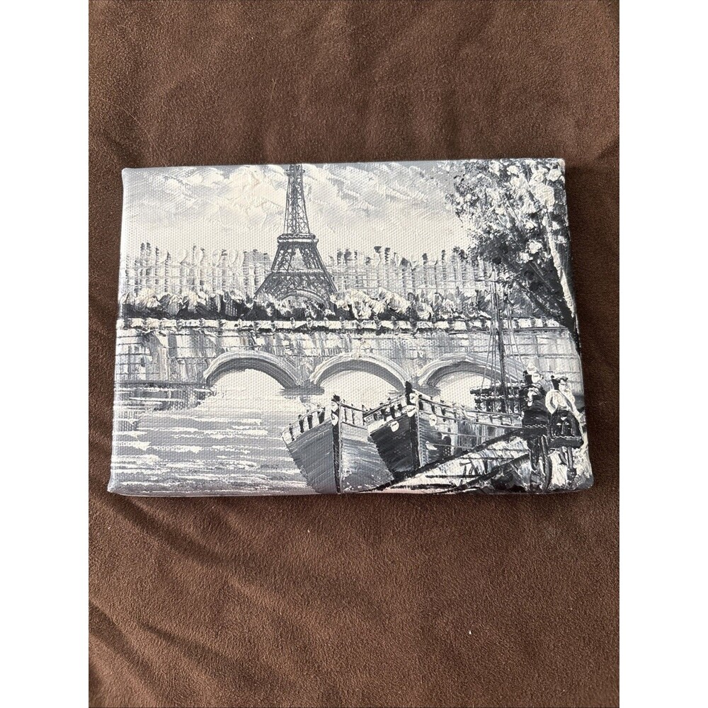 5x7 Paris Street Scene Canvas Painting - Black & White Eiffel Tower Impasto Art